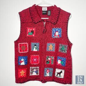Vintage Christmas Santa Full Zip Sleeveless Cardigan Sweater Patches Collared L